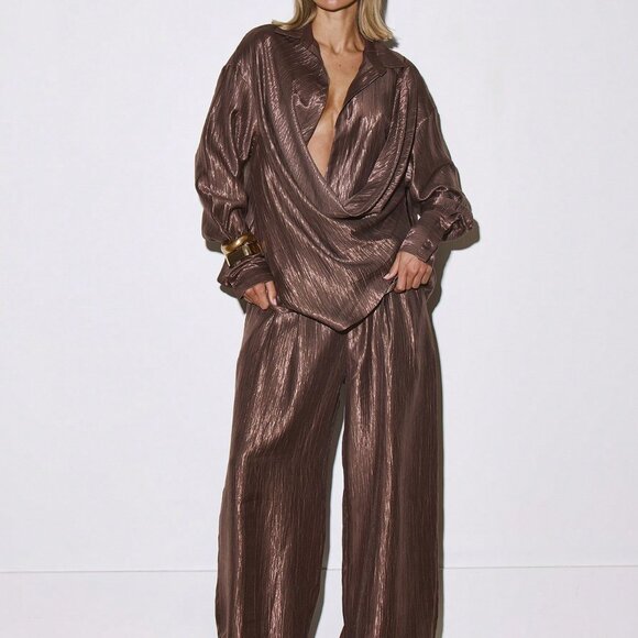 Chocolate Brown Cowl Drape Women's Flowy Long Sleeve Plisse Shirt - Picture 5 of 5